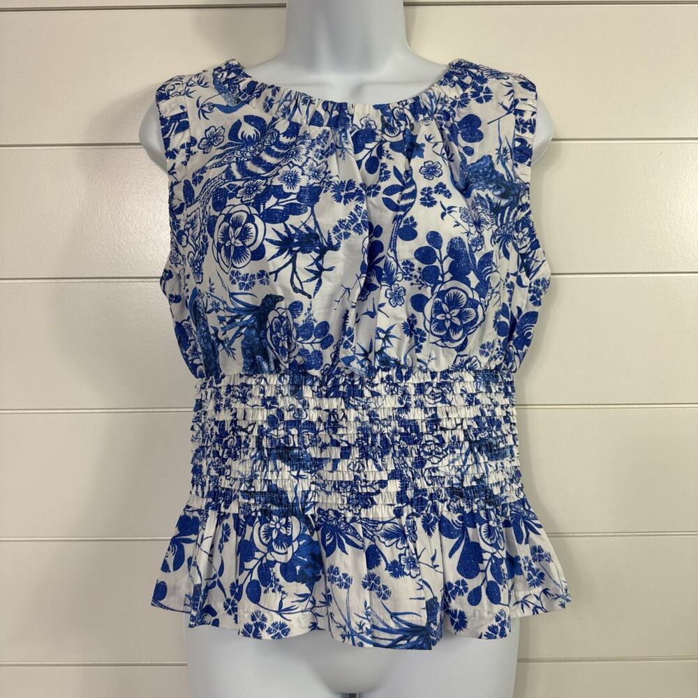Anthropologie Sleeveless Smocked Waist Top Blue Floral Toile sz S